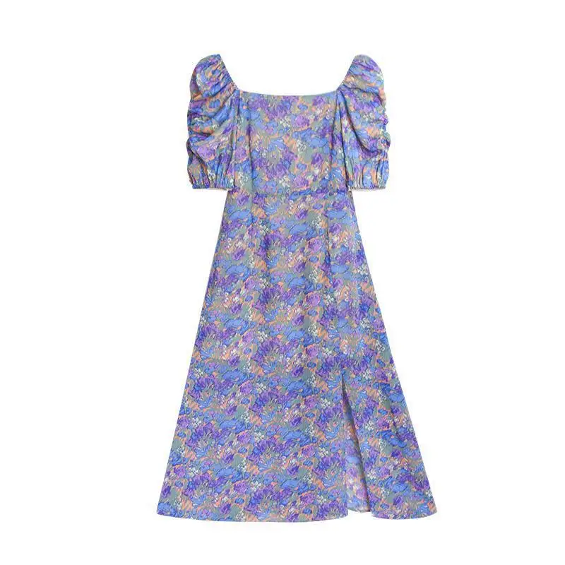

Floral Print Dress Women Sexy Puff Sleeve Chiffon Party Dress Lady 2021 Summer Elegant Vintage Retro Split Dress Women 2021