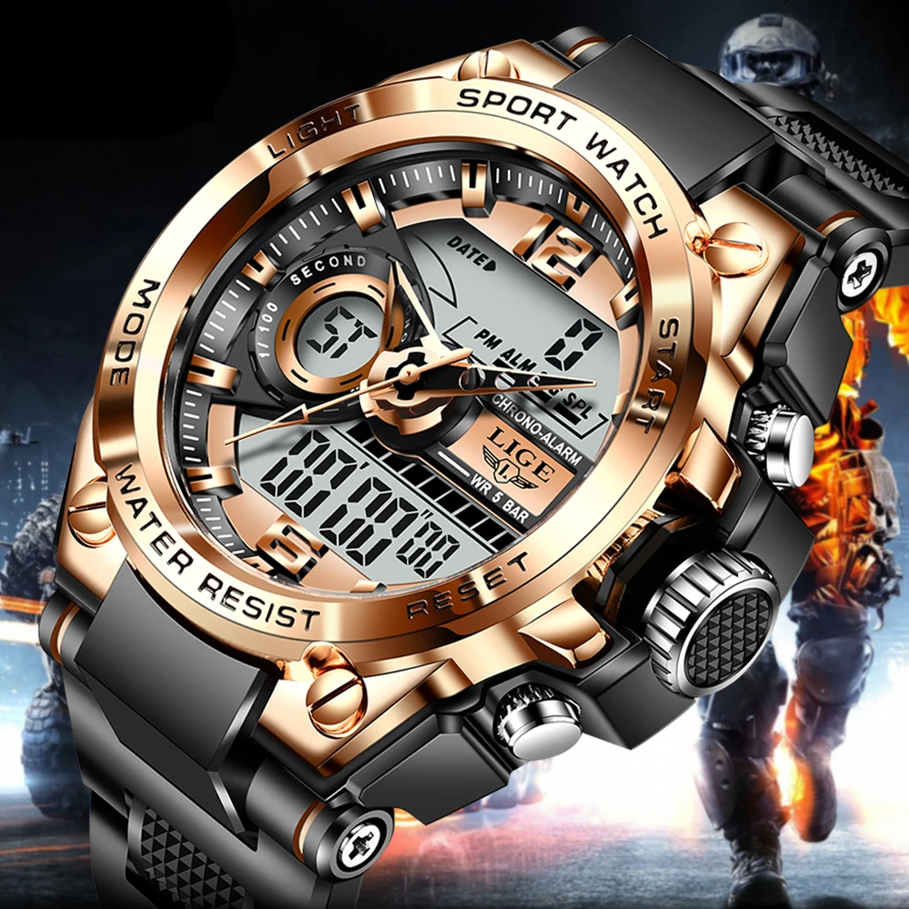

LIGE Luxury Fashion Men Watches Casual Sport Luminous Watch For Men Waterproof Date Digital Dual Display Military Man Wristwatch