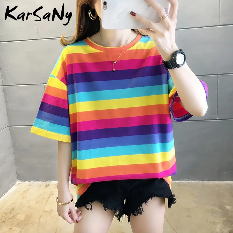 

Striped T-shirt For Women Summer Oversized T Shirt Vintage Causal Tee Women Tshirt Cotton Summer Women's Cotton T-shirt Striped