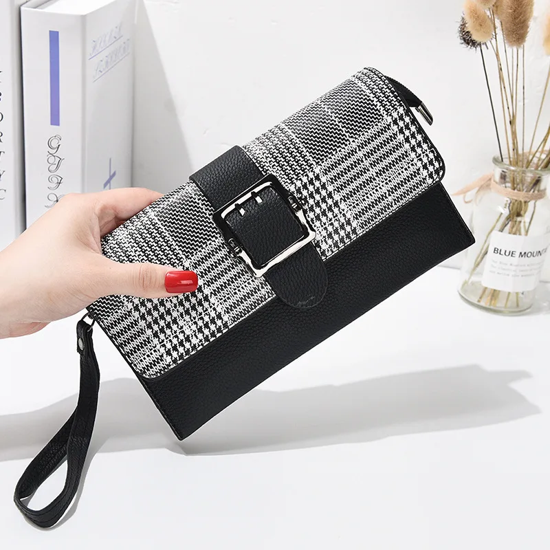 

Black and white checkered women's wallet long hot new fashion hand lady long coin purse wallets for woman handbags