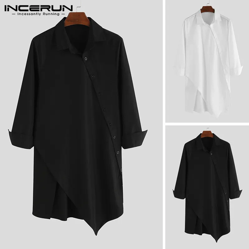 INCERUN 2022 Men Irregular Shirts Lapel Button Long Sleeve Chic Solid Color Camisa Fashion Dress Shirts Slim Long Tops Plus Size