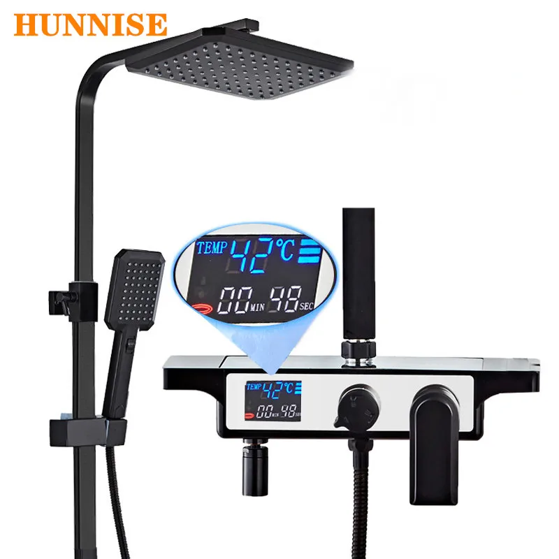 

Solid Brass Shower Faucet Mixer No Need Electricty Digital Temperature Display Bathroom Shower System with 1.5m Flexible Hose