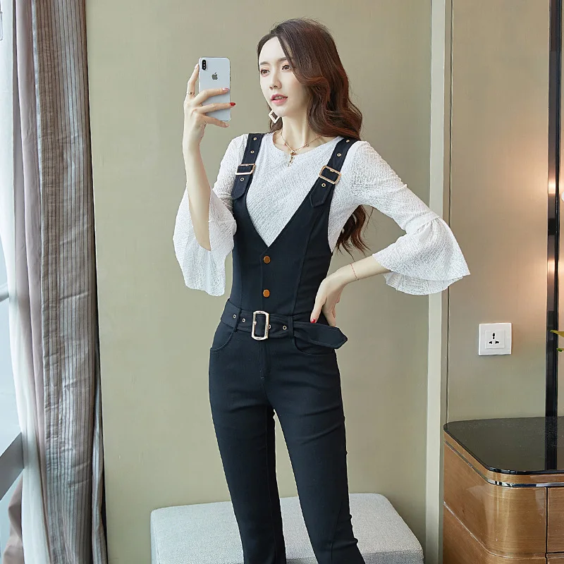 

Spring Autumn Fashion Casual Two-Piece Vest Denim Jumpsuit Set Flared Sleeve Top Women Slim Pants Suits Sashes Button Streetwear
