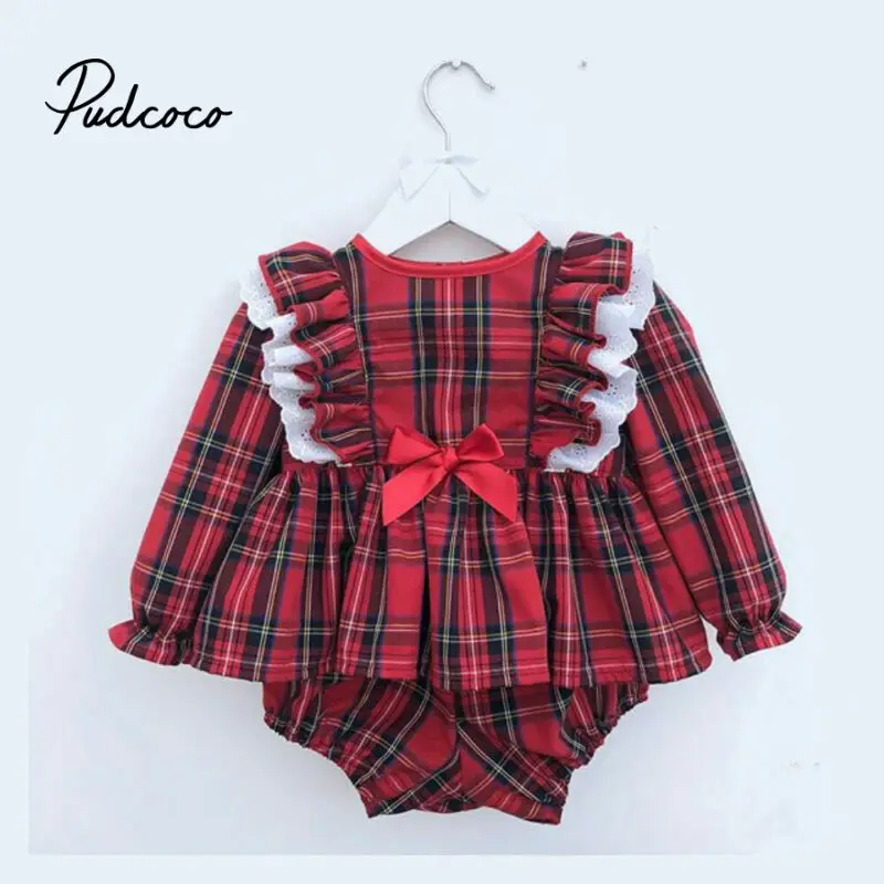 

pudcoco 2020 Baby Girls Christmas Clothes Sets Baby Girl Pliad Tops Shorts Outfits Xmas Costume Clothing Set Plaid 0-24M