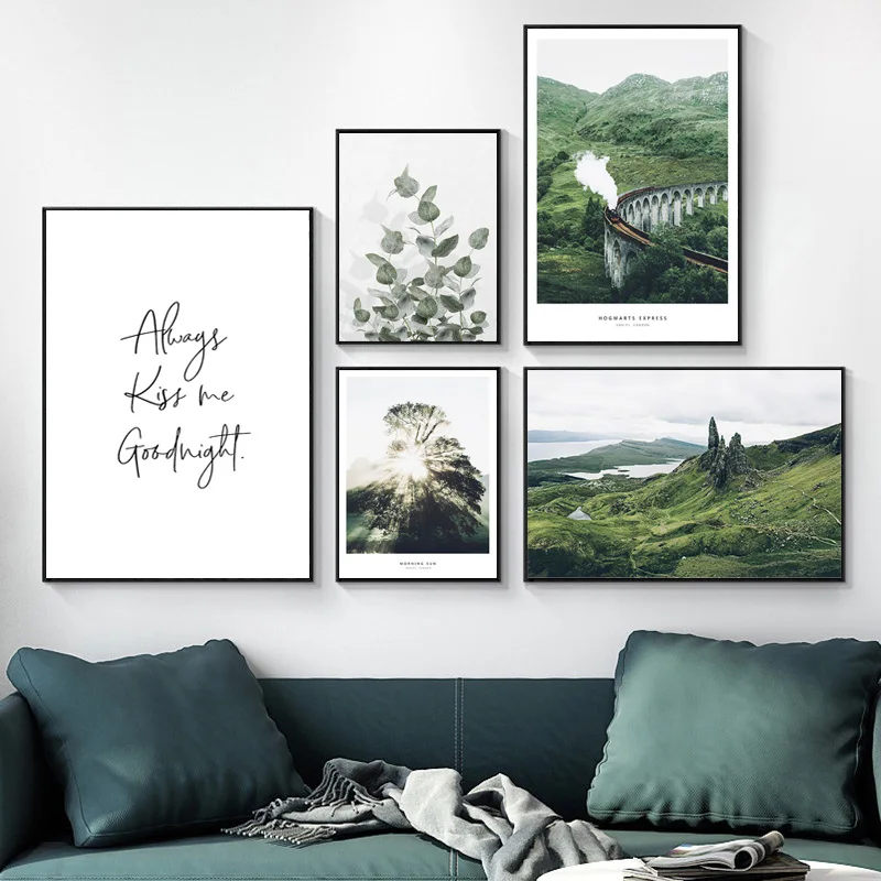 

Nordic Green Nature Canvas Painting Forest Leaves Mountain Landscape Wall Art Pictures Scandinavian Scenery Poster Home Decor