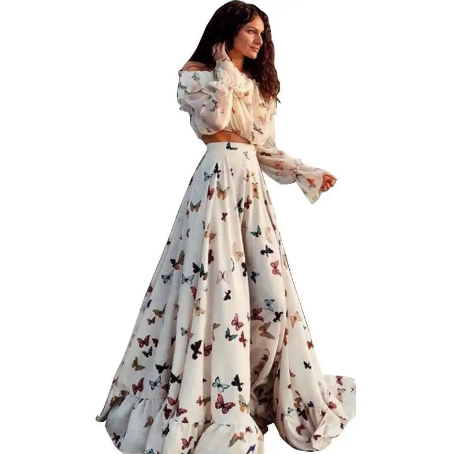 

2021 Summer Stylish Autumn Long Sleeve White Butterfly Print Two-piece Bohemian Ladies Big Skirt Long Skirt Beach Female Dress