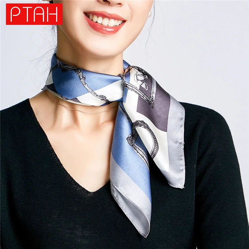 

[PTAH]100% Mulberry Silk Scarf Ladies Party Banquet Lightweight Square Neckerchief Breathable Printed Scarf High Quality 55*55cm
