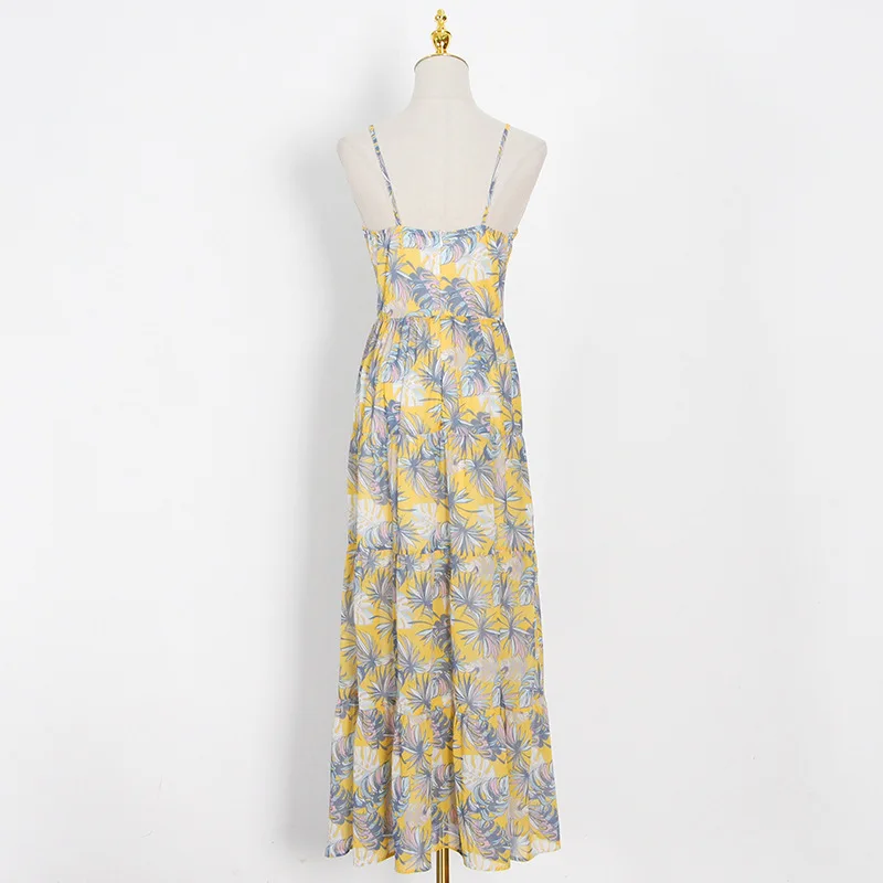 

Women's Clothing 2021 Summer New Sexy Spaghetti-Strap Floral Print V-neck Backless High Waist Slim Fit Large Swing Dress