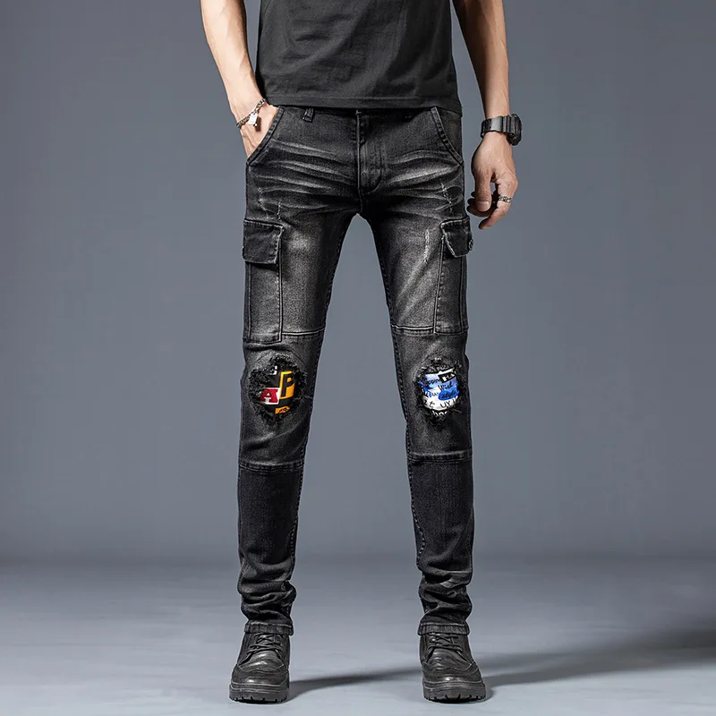 Men's Multi-Pocket Black Stretch Jeans Fashion Streetwear Denim Trousers Biker Male Casual Straight Slim Ripped Motorcycle Pants