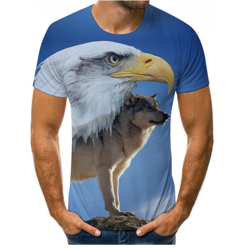 

2021 new fashion men's t-shirt 3D printing eagle and wolf short-sleeved t-shirt o-neck shirt tiny spark full size 100-6XL