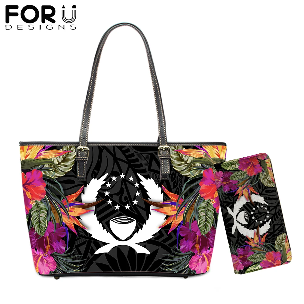 

FORUDESIGNS Fashion Large Leather Women Handbag&Purse Set Polynesian Plumeria Pohnpei Tribal Pattern Wallets Totes Shoulder Bags