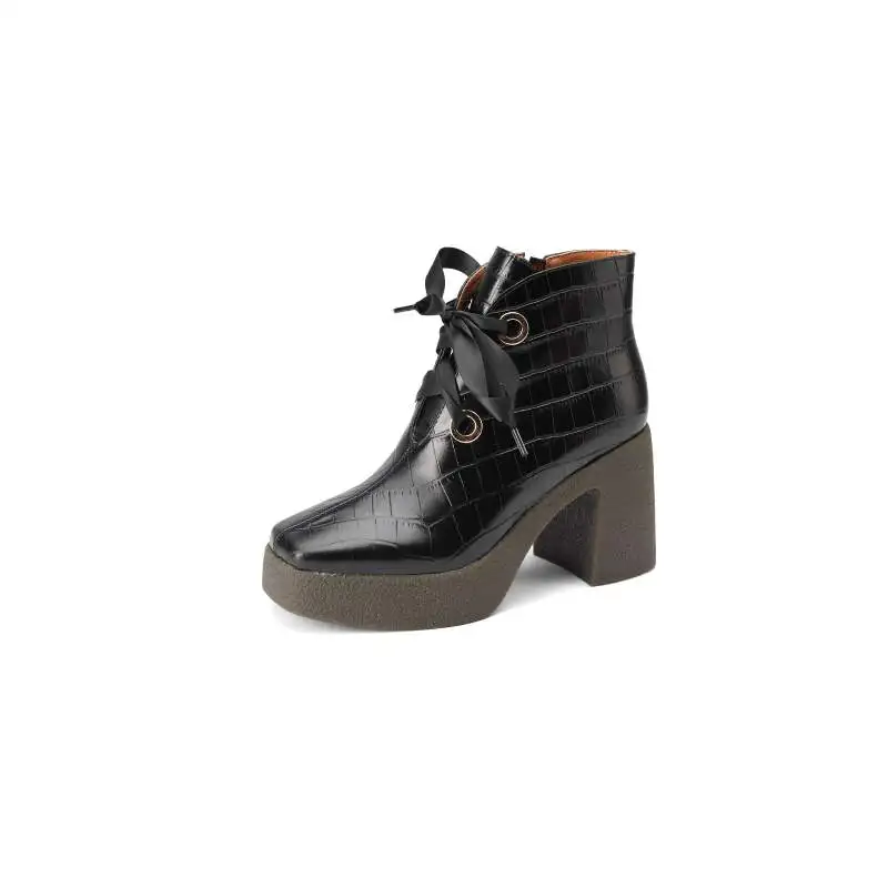 Harga Sepatu Bot Platform Ujung Bundar Yang Diikat Silang Kulit Sapi Panci Krazing Sepatu Bot Pergelangan Kaki Cantik Gladiator Print Ginham Hak Tinggi Tebal