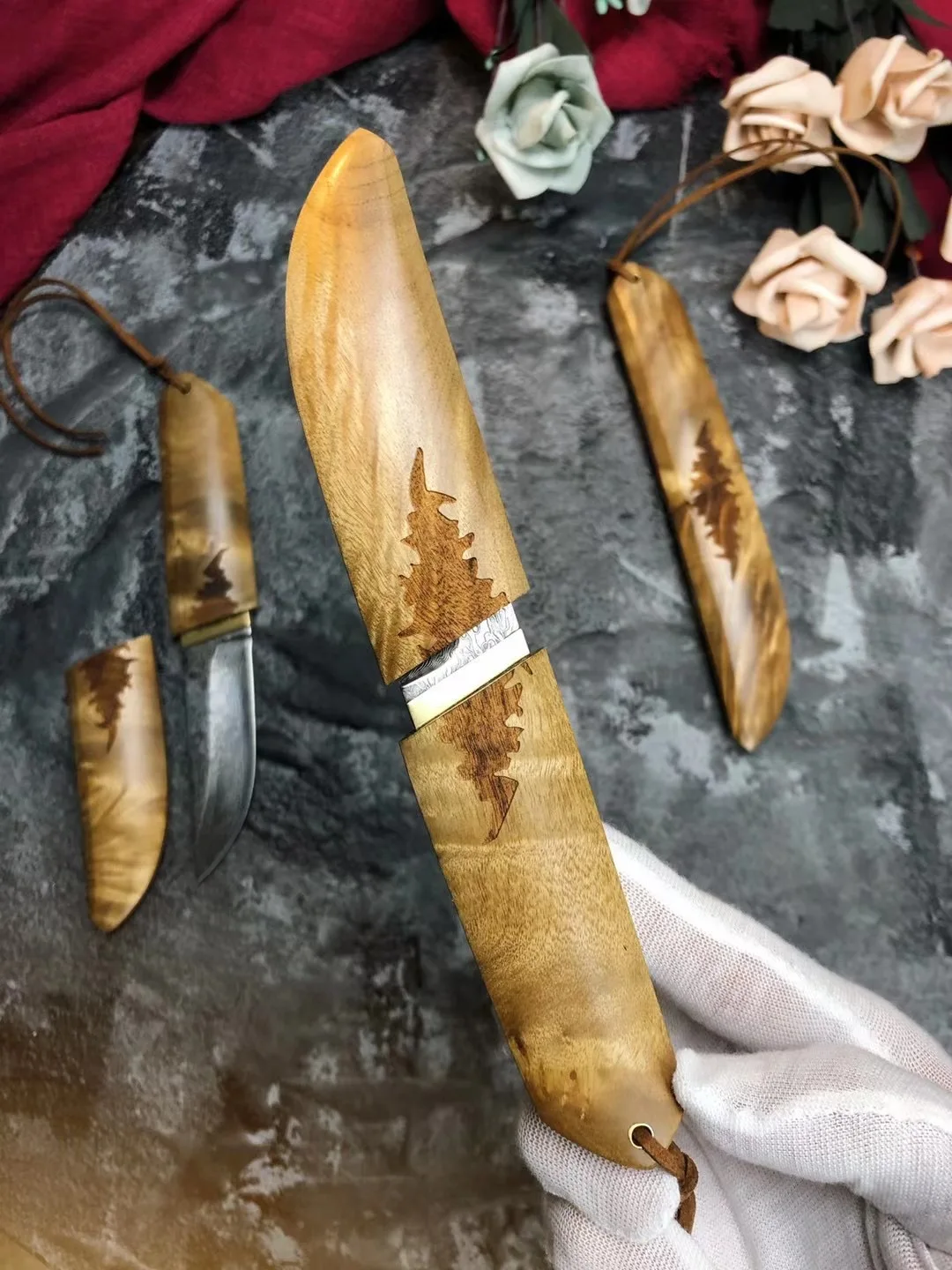 Тактический нож Katana твердый клинок из дамасской стали с деревянной ручкой для