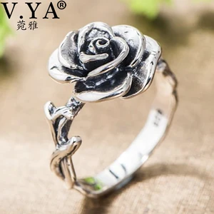 Женское кольцо V.YA в стиле ретро, из черного тайского серебра с цветком розы, кольцо на палец из серебра 100%, кольцо в стиле панк с черной розой S925