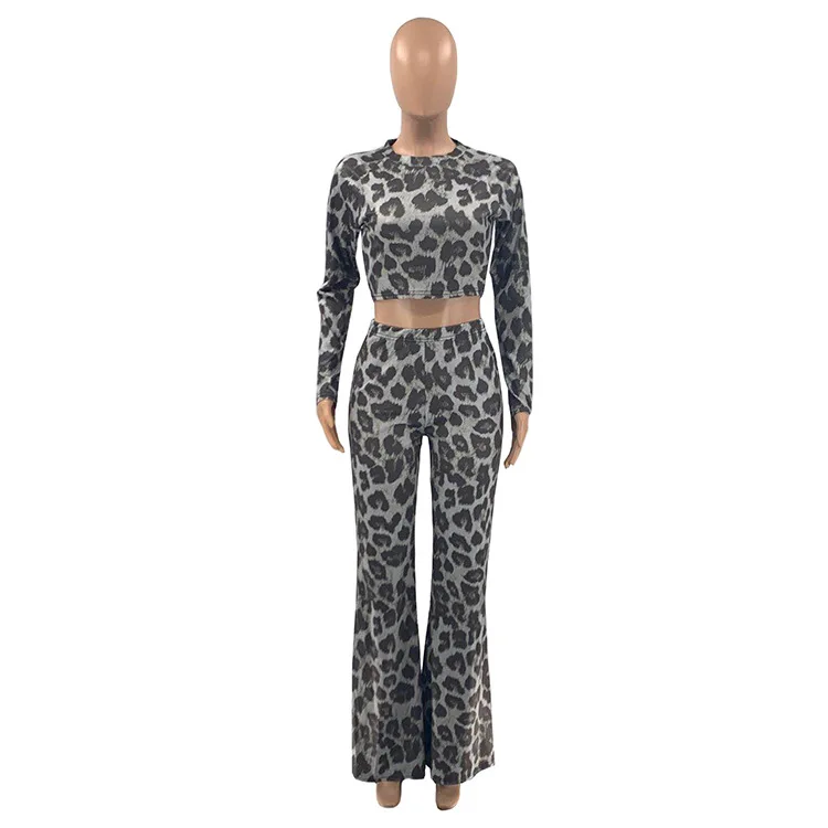 

Fashion Street Style Women Sets Leopard Printing O-Neck Long Sleeve Slim Short Tops Floor Length Wide Pants Outfits For Party