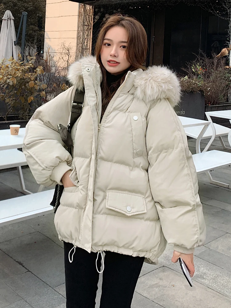 2021 new white loose women's winter down cotton padded jacket leisure bread jacket thickened short cotton padded jacket