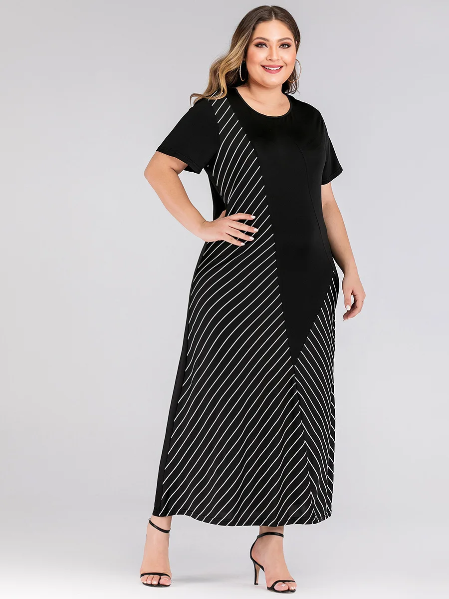 Длинное платье в полоску размера плюс 2020 Женская туника с коротким рукавом