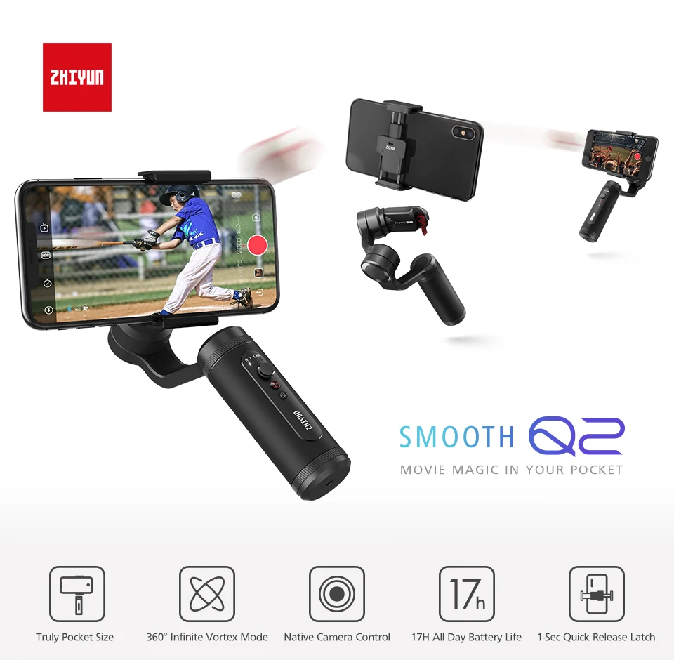 Zhiyun Smooth Q2, 3-х позиционный ручной карданный стабилизатор для смартфонов iPhone, samsung, huawei, экшн-камеры Gopro Hero 7/6/5/4