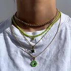 Очаровательное колье с зелеными кристаллами в форме сердца, рисовые бусины, многослойные, в стиле бохо глянцевые цветы, ключицы ожерелья цепи для женщин, летние украшения