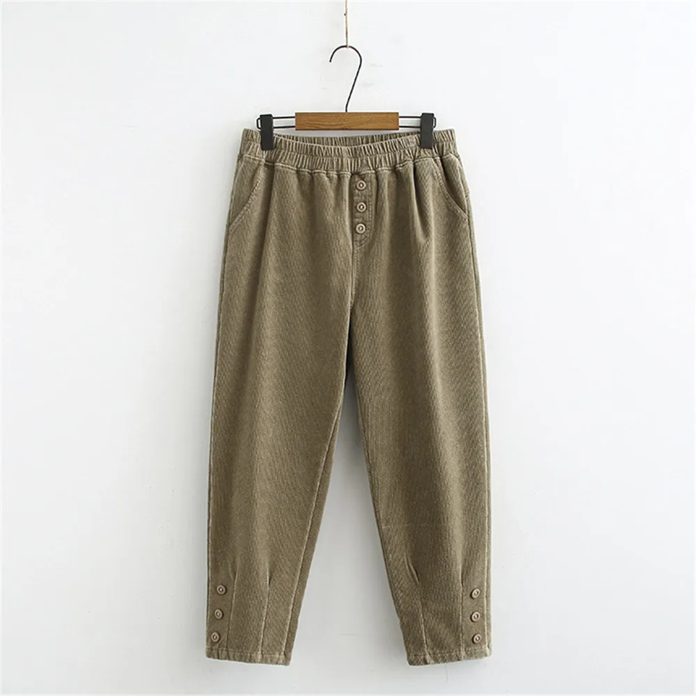 

Women Autumn Winter Corduroy Pants Long Plus Size Trousers Loose Casual Button Harem Pants Elastic High Waist Pants