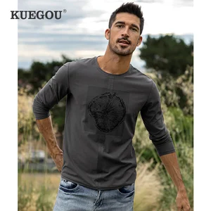 KUEGOU 2022 Весенняя хлопковая Простая белая футболка с принтом, Мужская футболка, брендовая футболка с длинным рукавом, Мужская одежда, топ размера плюс 0325
