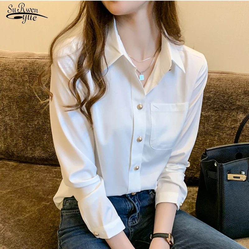2021 Office Lady Women Solid Button Clothing New Long Sleeve White Chiffon Blouses Cardigan Women Shirts Blusas Mujer 10694