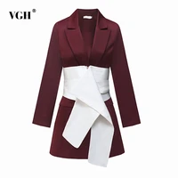 vgh winered blazer womens clothing colorblock bandage notched long sleeve loose plus size coat female 2021 spring fashion style