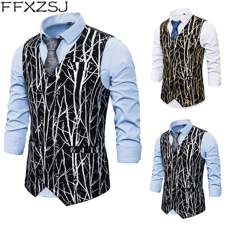 

FFXZSJ Men's new style individuality nightclub business printing leisure double breasted vest European and American sizes XXL