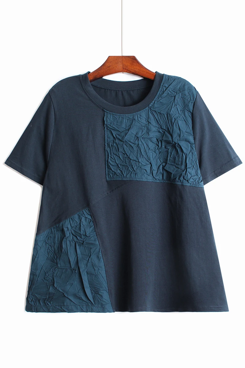 

ZCSMLL Women Blue Big Size Irregular Patch Designs T-shirt New Round Neck Short Sleeve Fashion Tide Spring Summer 2021 A206