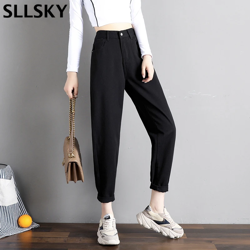 

SLLSKY женские штаны-шаровары, джинсы на лето и осень с высокой талией размера плюс потертые джинсовые штаны Свободные тонкие Корейская универ...