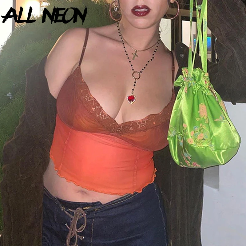 ALLNeon Y2K модные спагетти ремень платье на бретельках с кружевной отделкой Топы E