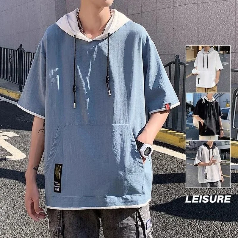 

2021 Summer Men tshirt Casual Solid Loose Hooded Tops Tees Shirts Male New Sportswear Hoodie Short Sleeve Mens T-shirt Clothing