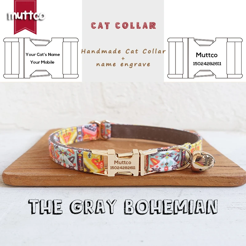 

MUTTCO, розничная продажа, ручная работа, выгравированный высококачественный воротник с металлической пряжкой для кошки, серый, богемный диза...
