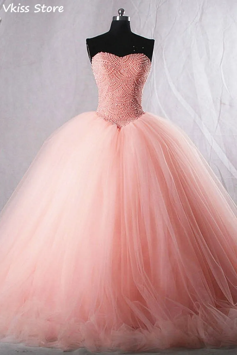

Пышное розовое вечернее платье, бальное платье из тюля, с бисером, без бретелек, милая горловина, шлейф для выпускного вечера, платье для вып...