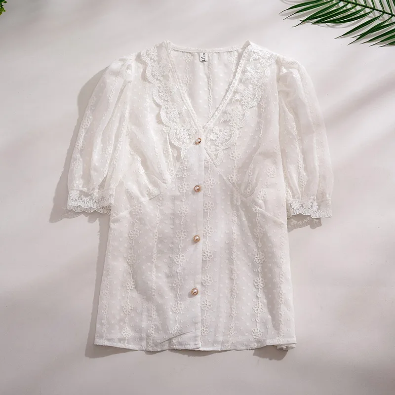 

Good Quality V Neck Half See Through Lace Embroidery Blouses Shirts Women Fashion Short Puff Sleeve Solid Blouses For Woman 2021