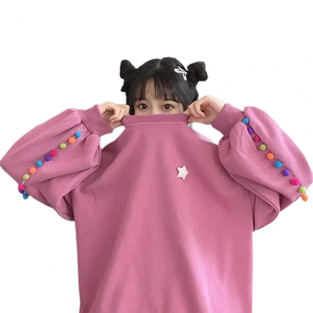 

Chic Women Autumn Long Sleeve O Neck Multicolor Pompom Loose Sweatshirt Blouse