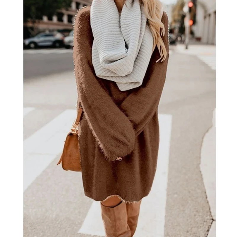 Женский Длинный пуловер CINESSD Однотонный свитер с круглым вырезом и длинным