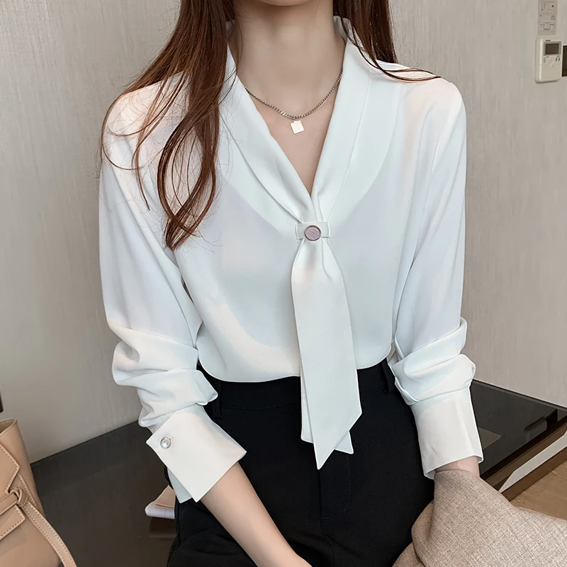 

JKKFZY 2021 New Spring White Shirt Female Blouses Long Sleeve Work Casual Tops Chiffon Blouse V-neck Women's Business Blusa