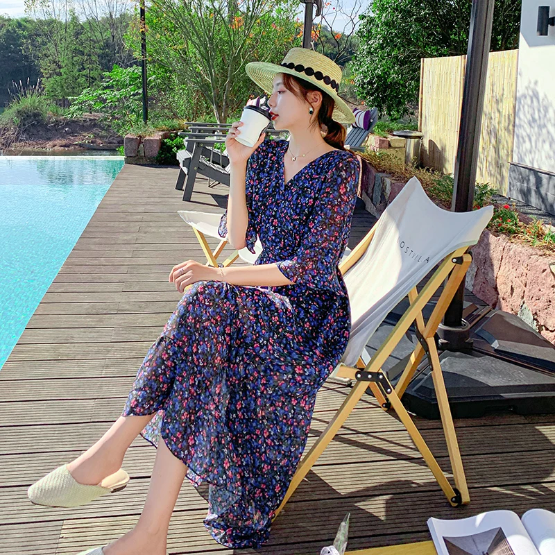 

Floral Chiffon Dress Female 2021 Summer New Arrival Women Fashion V-Neck Short Sleeve Slim Casual Holiday A-Line Dress
