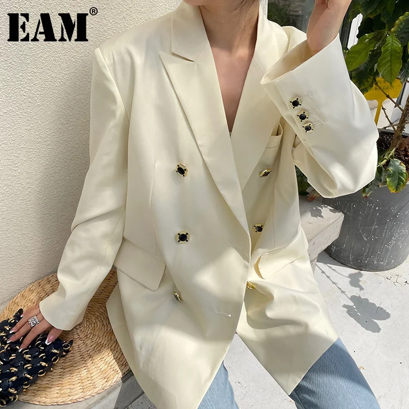 

[EAM] Women Beige Double Breasyed Big Size Blazer New Lapel Long Sleeve Loose Fit Jacket Fashion Spring Autumn 2021 1DE0113