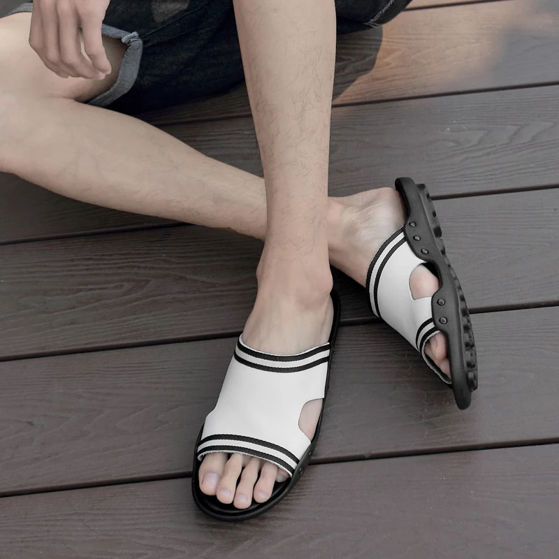 Мужские кожаные шлепанцы повседневная Уличная обувь плоская подошва пляжные