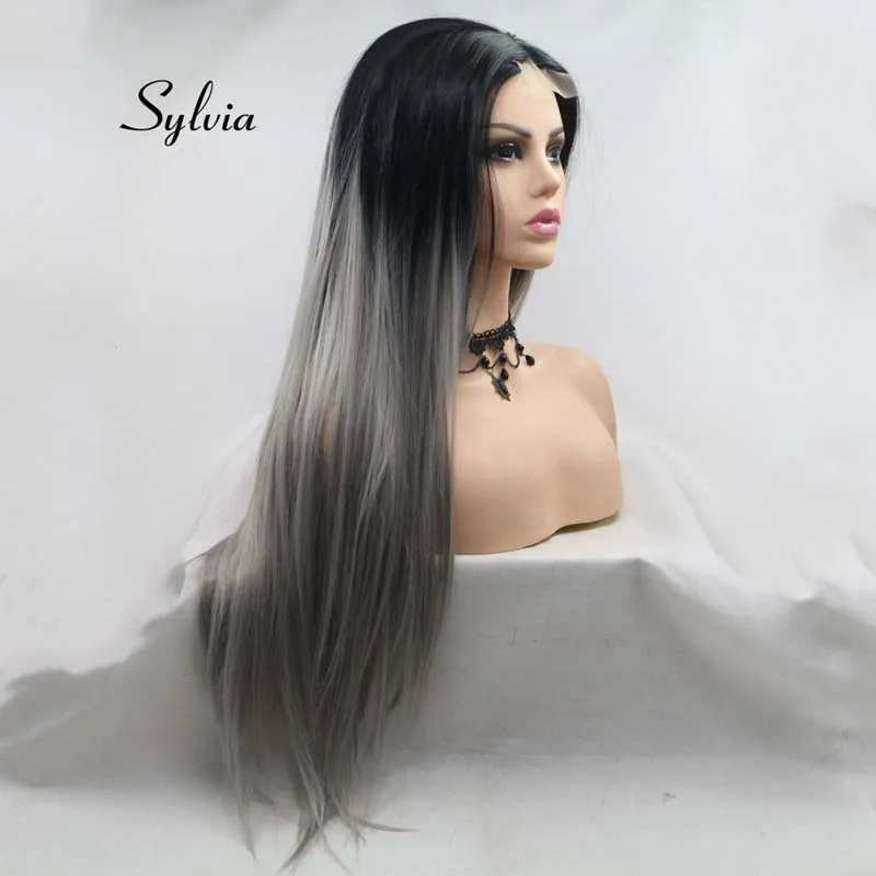 Sylvia натуральный черный до серый два тона Омбре длинные шелковистые прямые волосы U часть синтетические парики шнурка Жаростойкие Волокна волос парик