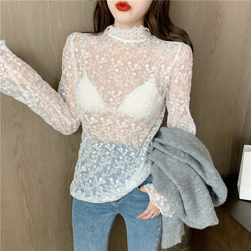 RealShe сетчатая женская футболка с высоким воротом и длинным рукавом однотонная