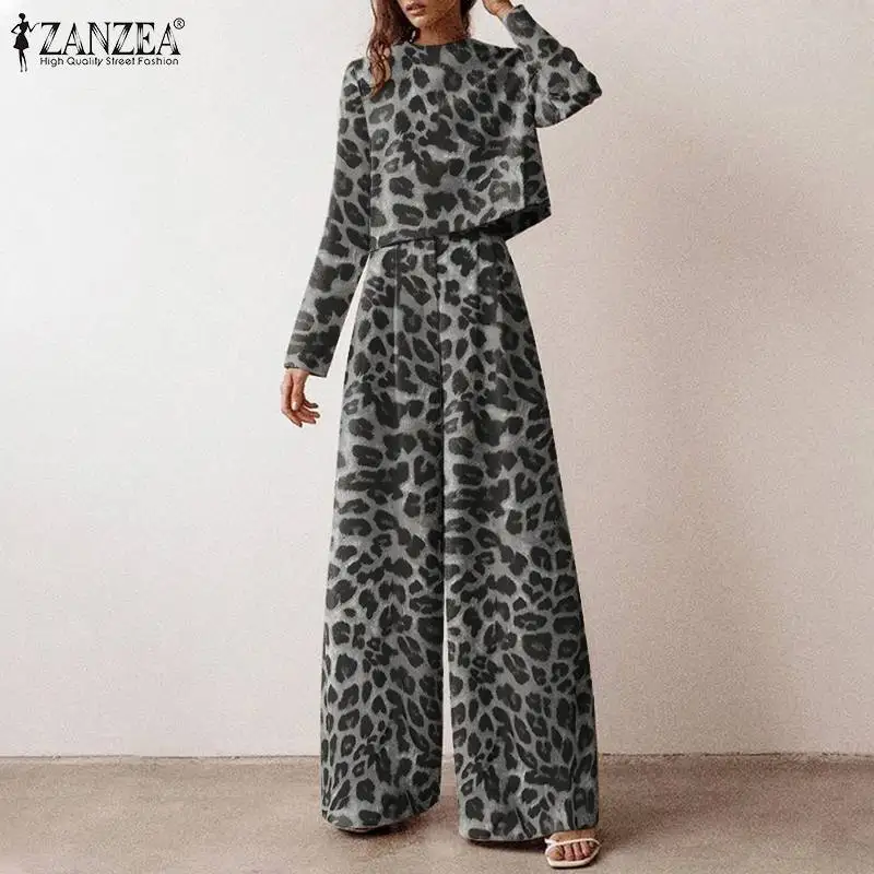 

Full Sleeve O-Neck Leopard printed Blouse Wide-legged Holiday Pant 2022 ZANZEA Autumn Women Loose Fashion Set 2PCS Oversize