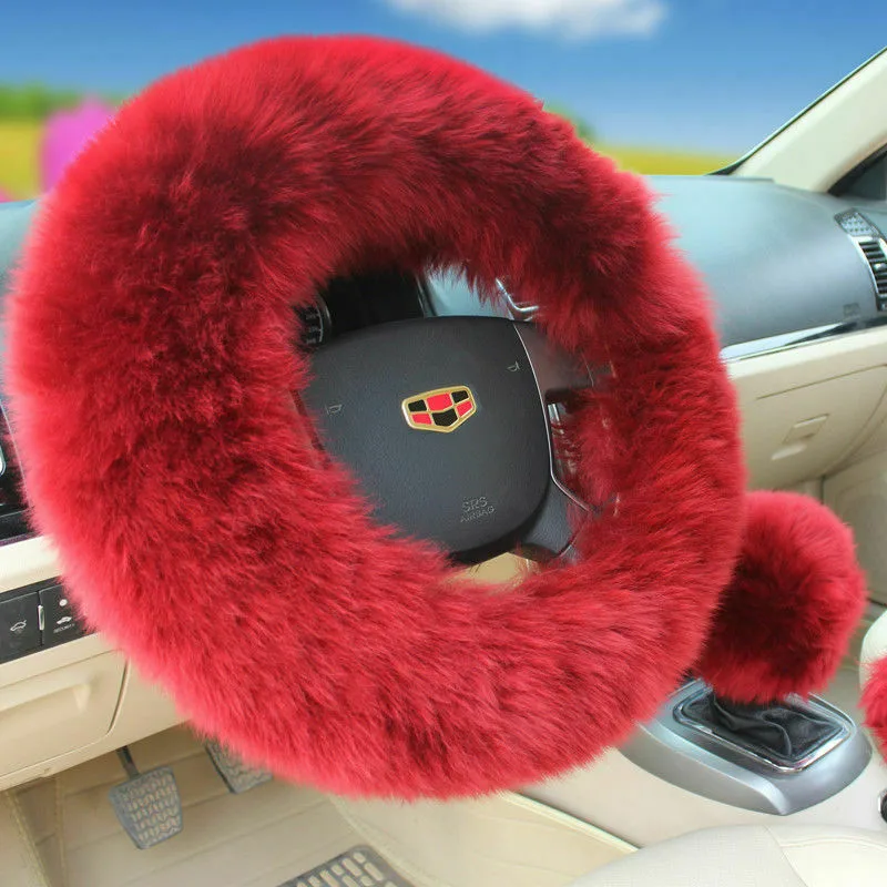 3PCs Universal Car Plush Cover Fuzzy Steering Wheel Wool Fur Mat Gear Knob Shifter Brake | Дом и сад