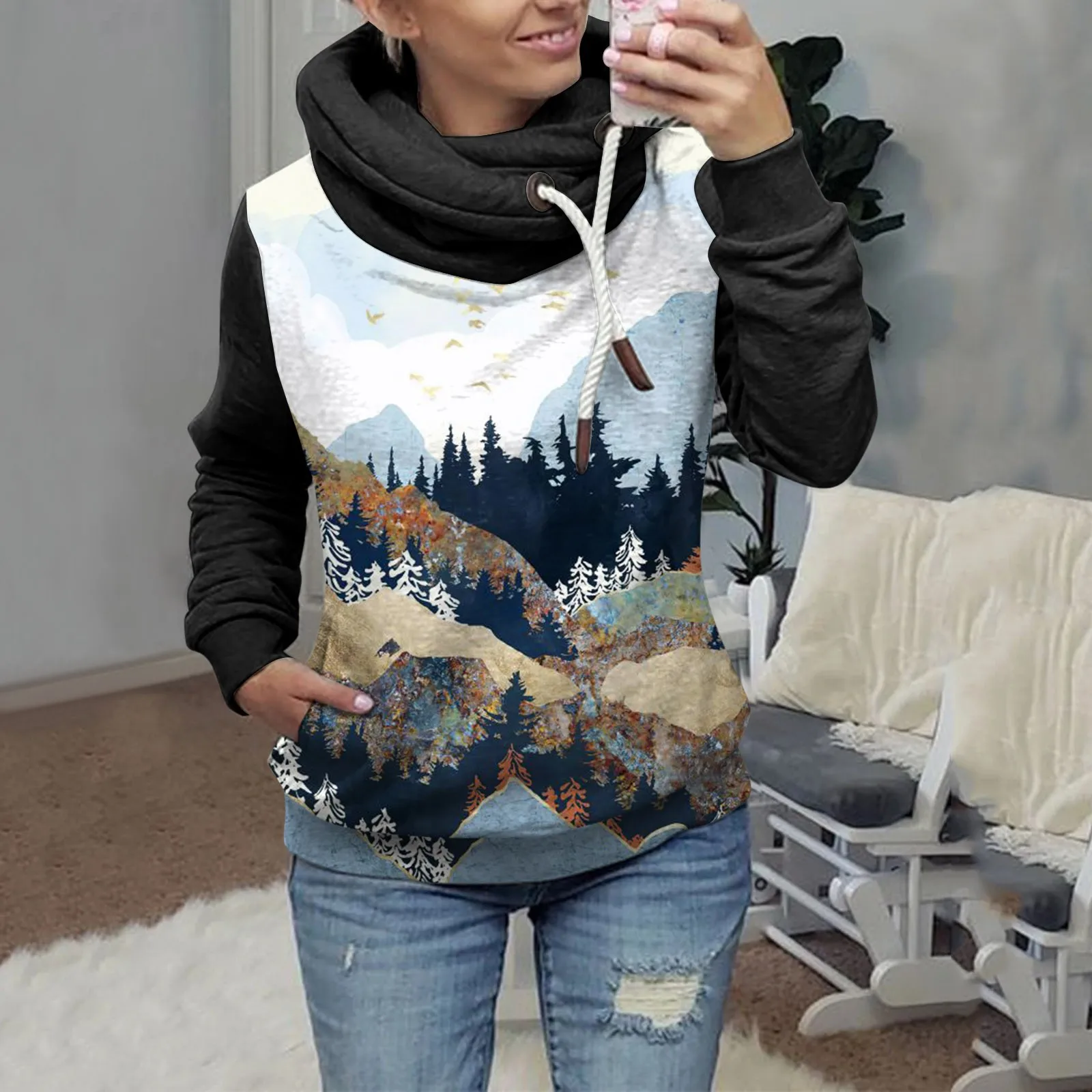 Пальто женское пейзажная живопись принты размера плюс толстовка контрастная