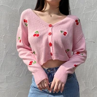 ztone 2021 women autumn streetwer v neck long sleeve knit cardigan cherry sweater knitwear preppy sweetly style streetwear
