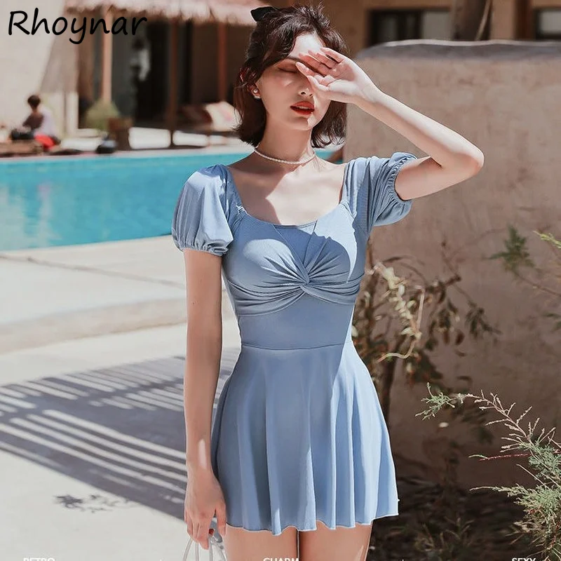 

Cover-up Women Tender Sweet Puff Sleeve Casual High Waist Slim Solid Fashion Korean Style Summer Swimwear Elegant Teen Girls
