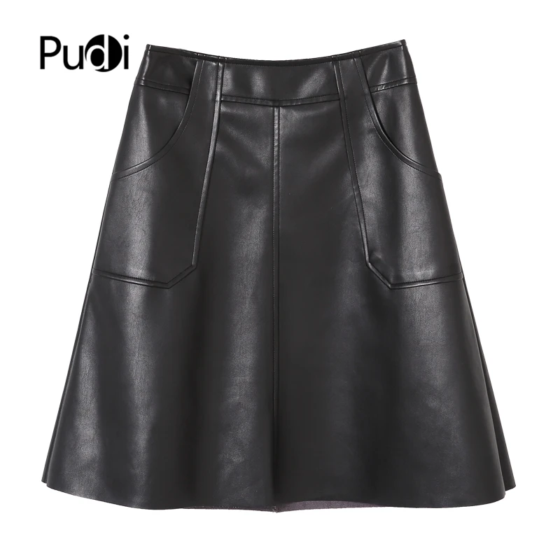 

PUDI Women Genuine Leather Skirt Famele Girl Real Sheep Skin Leather A-line Black Color Skirts ST020