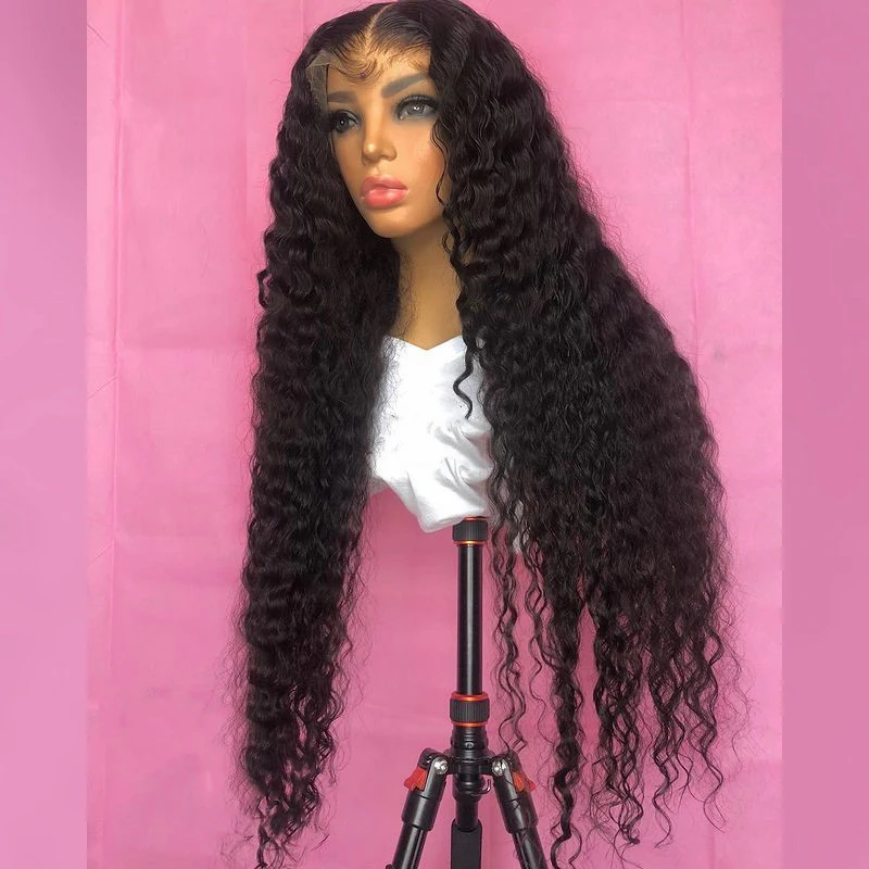26Inch Natural Black Long Kinky Curly Loose Wave Middle Part Lace Front Wigs For Women With Baby Hair Preplucked 180%Density